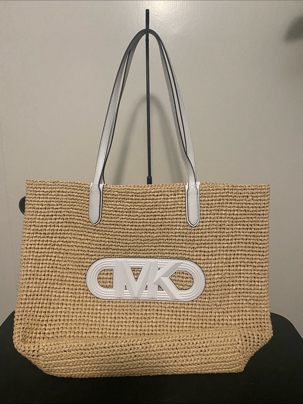 Michael Kors Natural Straw Tote with White Trim and MK Logo